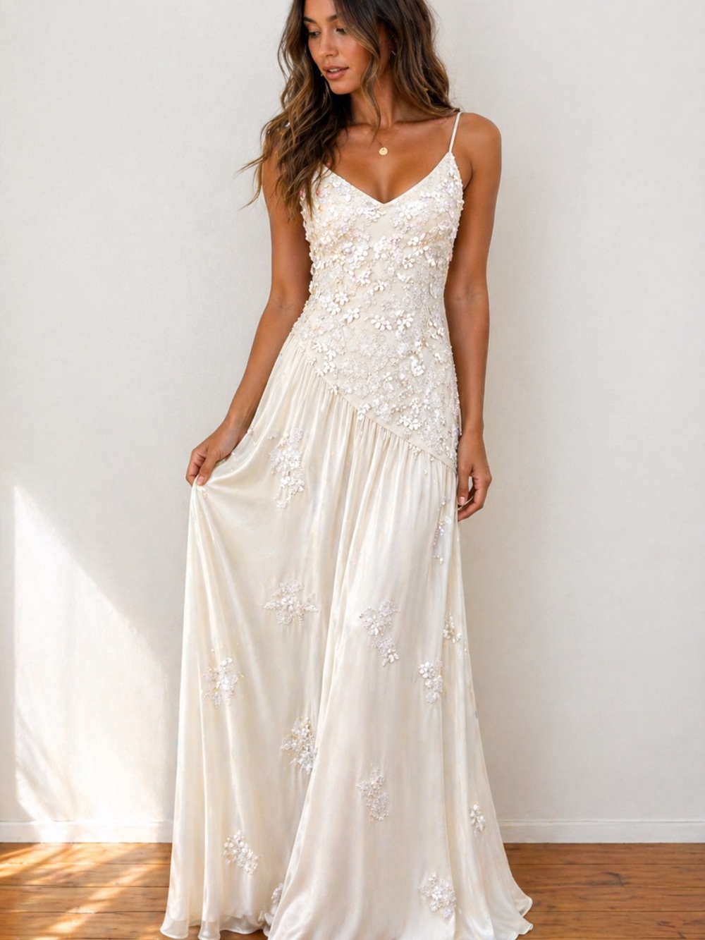 Scala Ivory Silk Beaded Maxi Dress XL Floral Sequin Formal Bridal Boho